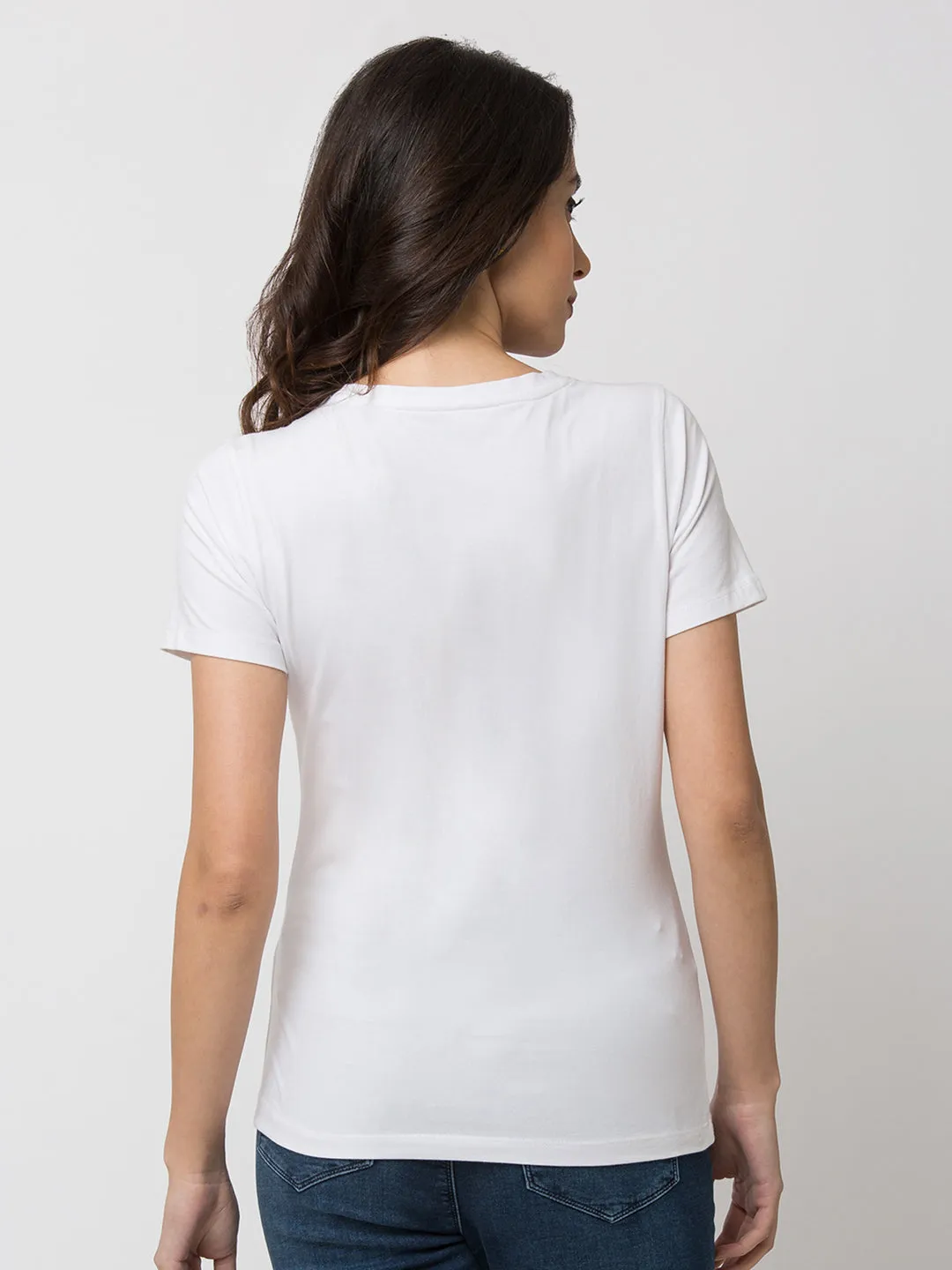 Spykar Women White Lycra Regular Round Neck T-Shirt