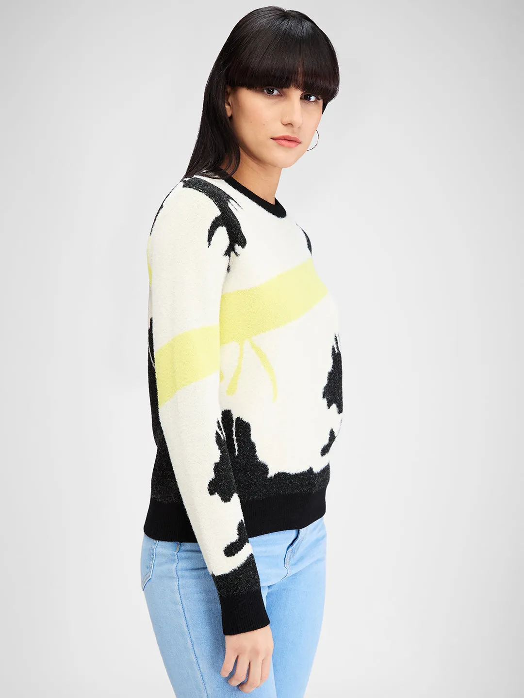 Spykar Yellow Full Sleeves Regular Fit Printed Sweater For Women