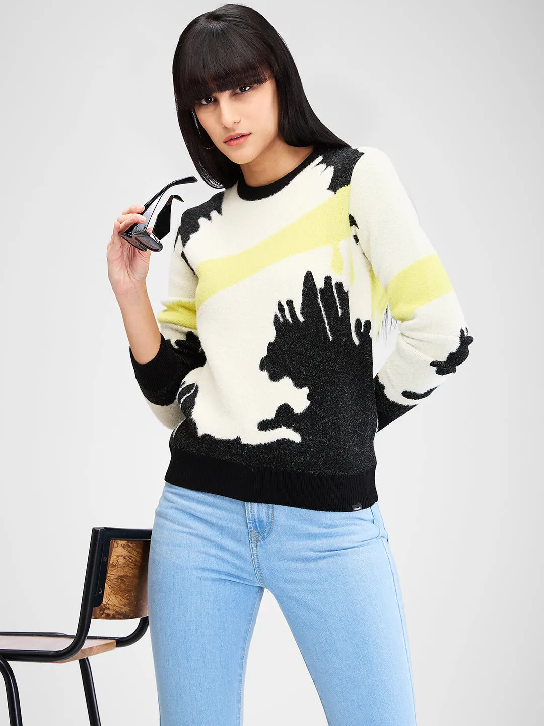 Spykar Yellow Full Sleeves Regular Fit Printed Sweater For Women