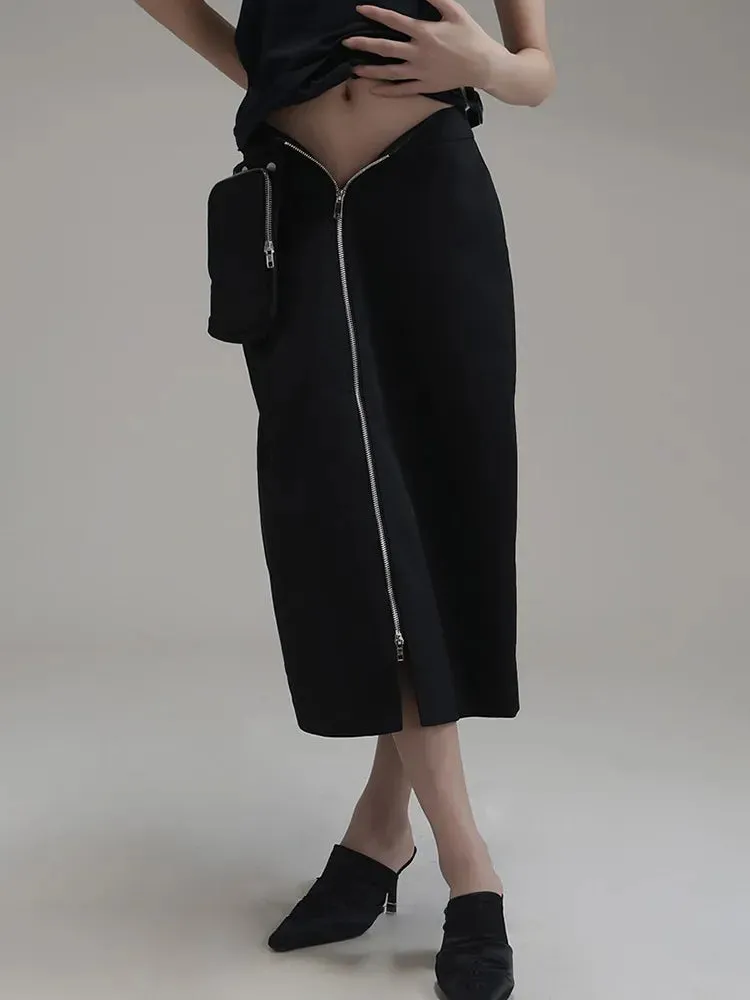 Streetwear Black Midi Skirts For Women High Waist Patchwork Zipper Pockets Solid Long Skirts Female Clothing Summer