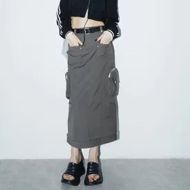 Streetwear Midi Skirt For Women High Waist Patchwork Pockets Solid Straight Minimalist Skirts Female Clothing