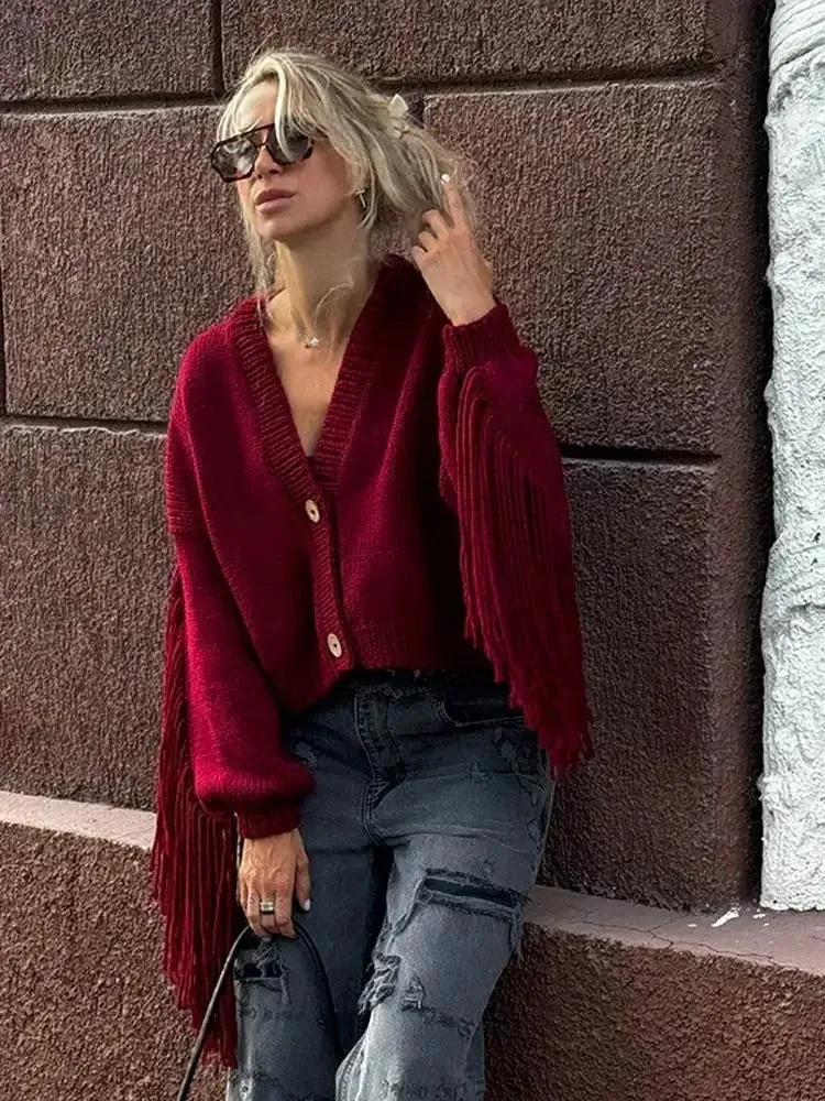 Tassels Patchwork Wine Red Knitted Cardigan Christmas Sweater