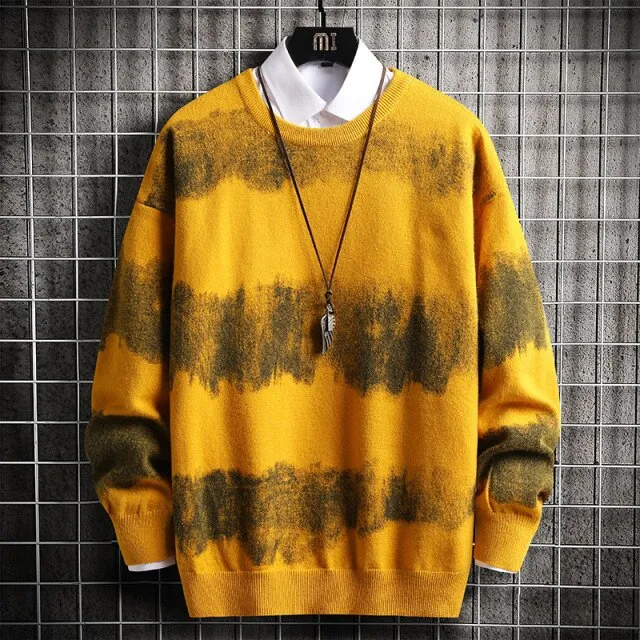 Wiaofellas   Oversized Mens Knitted Sweater Striped Gradient Sweaters Jumper Pullover Hip Hop Harajuku Black Sweater Men