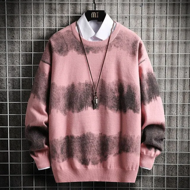 Wiaofellas   Oversized Mens Knitted Sweater Striped Gradient Sweaters Jumper Pullover Hip Hop Harajuku Black Sweater Men