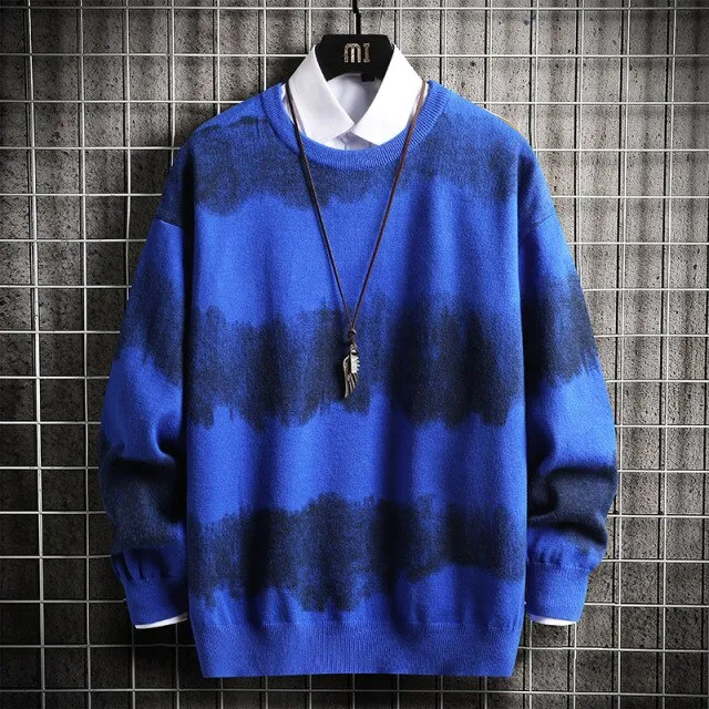 Wiaofellas   Oversized Mens Knitted Sweater Striped Gradient Sweaters Jumper Pullover Hip Hop Harajuku Black Sweater Men