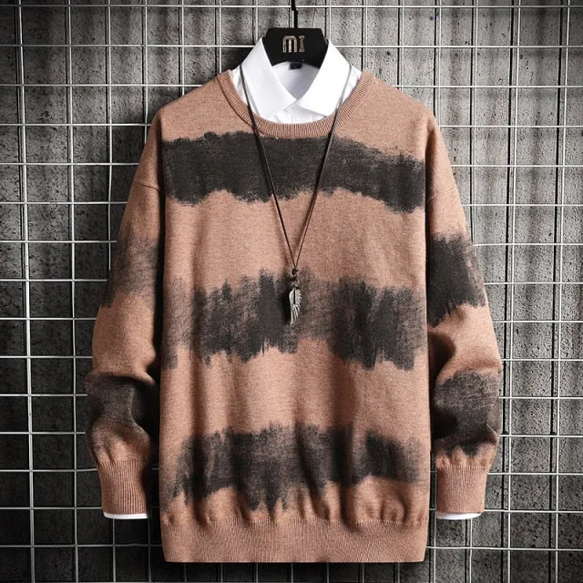 Wiaofellas   Oversized Mens Knitted Sweater Striped Gradient Sweaters Jumper Pullover Hip Hop Harajuku Black Sweater Men