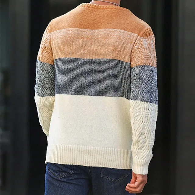 Wiaofellas Stripe Business Men's Knitting Print Pullover Sweater Jumper Knitwear Outdoor Daily Vacation Long Sleeve Crewneck Sweaters Orange Fall Winter S M L Sweaters