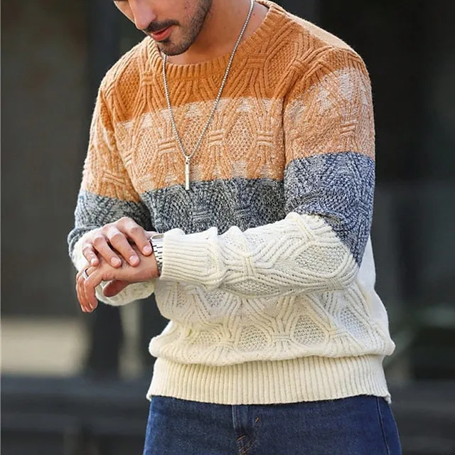 Wiaofellas Stripe Business Men's Knitting Print Pullover Sweater Jumper Knitwear Outdoor Daily Vacation Long Sleeve Crewneck Sweaters Orange Fall Winter S M L Sweaters