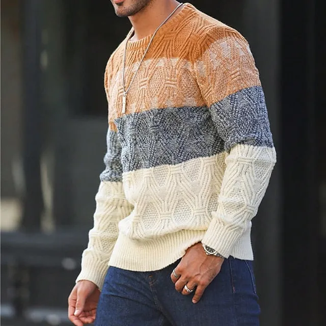 Wiaofellas Stripe Business Men's Knitting Print Pullover Sweater Jumper Knitwear Outdoor Daily Vacation Long Sleeve Crewneck Sweaters Orange Fall Winter S M L Sweaters