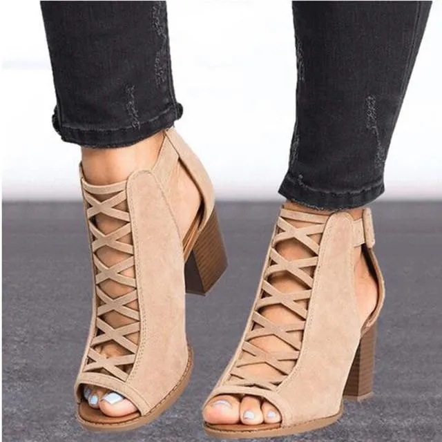 Women Thick Heel Pumps New Sexy Style Women Peep Toe Pumps Flock Leather Autumn Shoes with Zipper Pumps