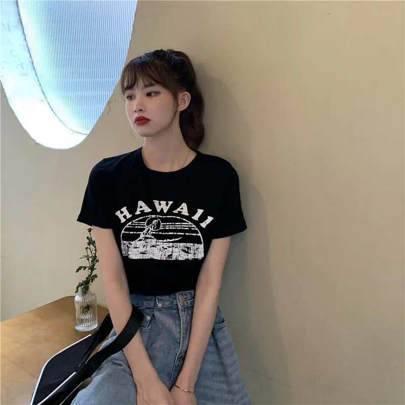 Women's T-Shirts Cropped Round Neck Letter Retro Short Sleeve Tee