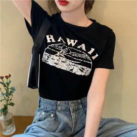 Women's T-Shirts Cropped Round Neck Letter Retro Short Sleeve Tee