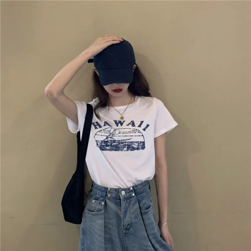 Women's T-Shirts Cropped Round Neck Letter Retro Short Sleeve Tee