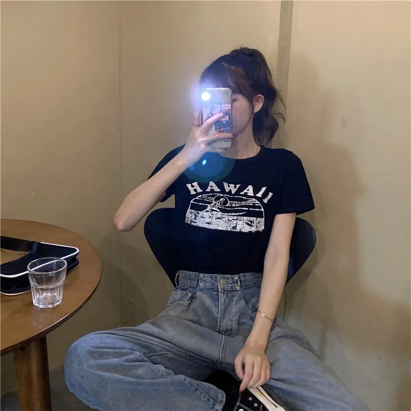 Women's T-Shirts Cropped Round Neck Letter Retro Short Sleeve Tee