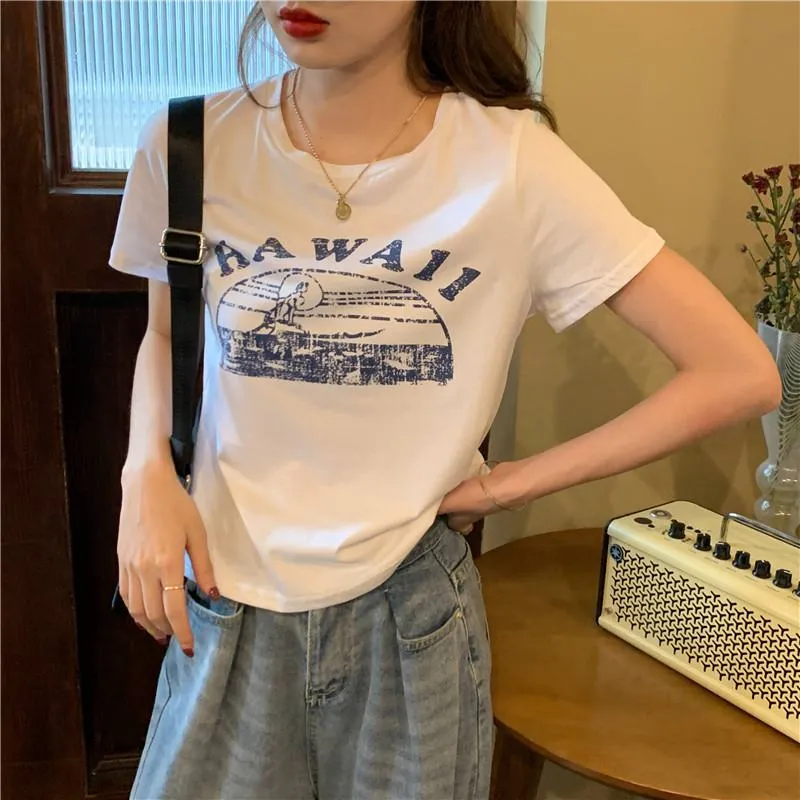 Women's T-Shirts Cropped Round Neck Letter Retro Short Sleeve Tee