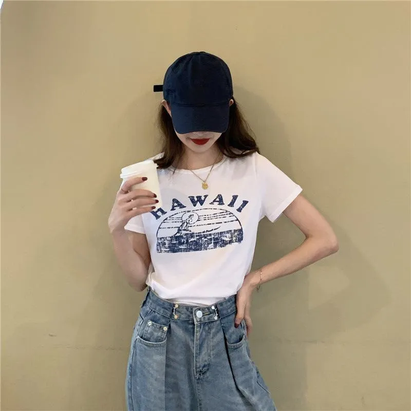 Women's T-Shirts Cropped Round Neck Letter Retro Short Sleeve Tee