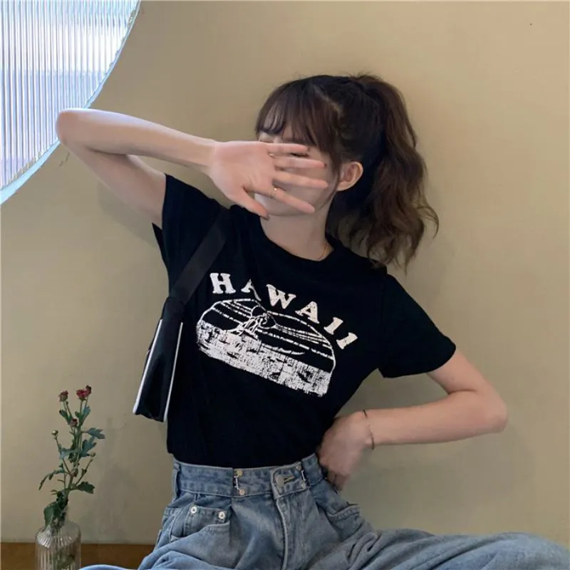 Women's T-Shirts Cropped Round Neck Letter Retro Short Sleeve Tee