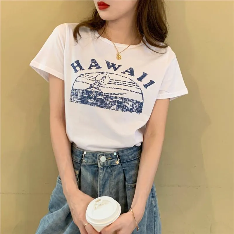 Women's T-Shirts Cropped Round Neck Letter Retro Short Sleeve Tee